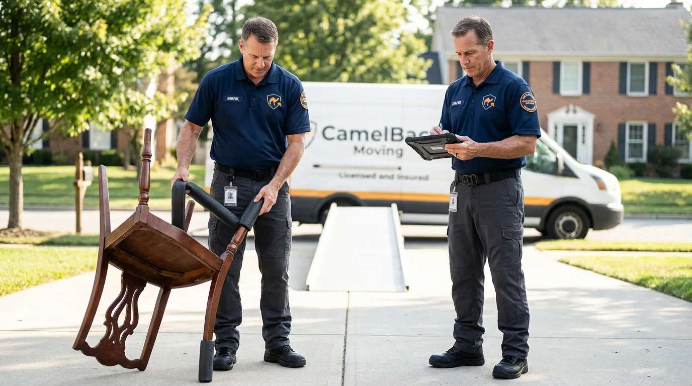 Movers inspecting furniture for damage prevention before loading in Apache Junction, AZ