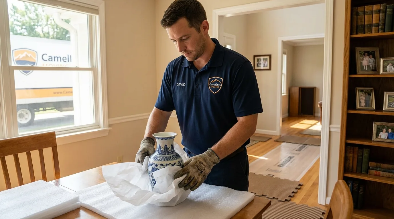 Professional crew carefully wrapping antique vase for senior downsizing move in Apache Junction, AZ